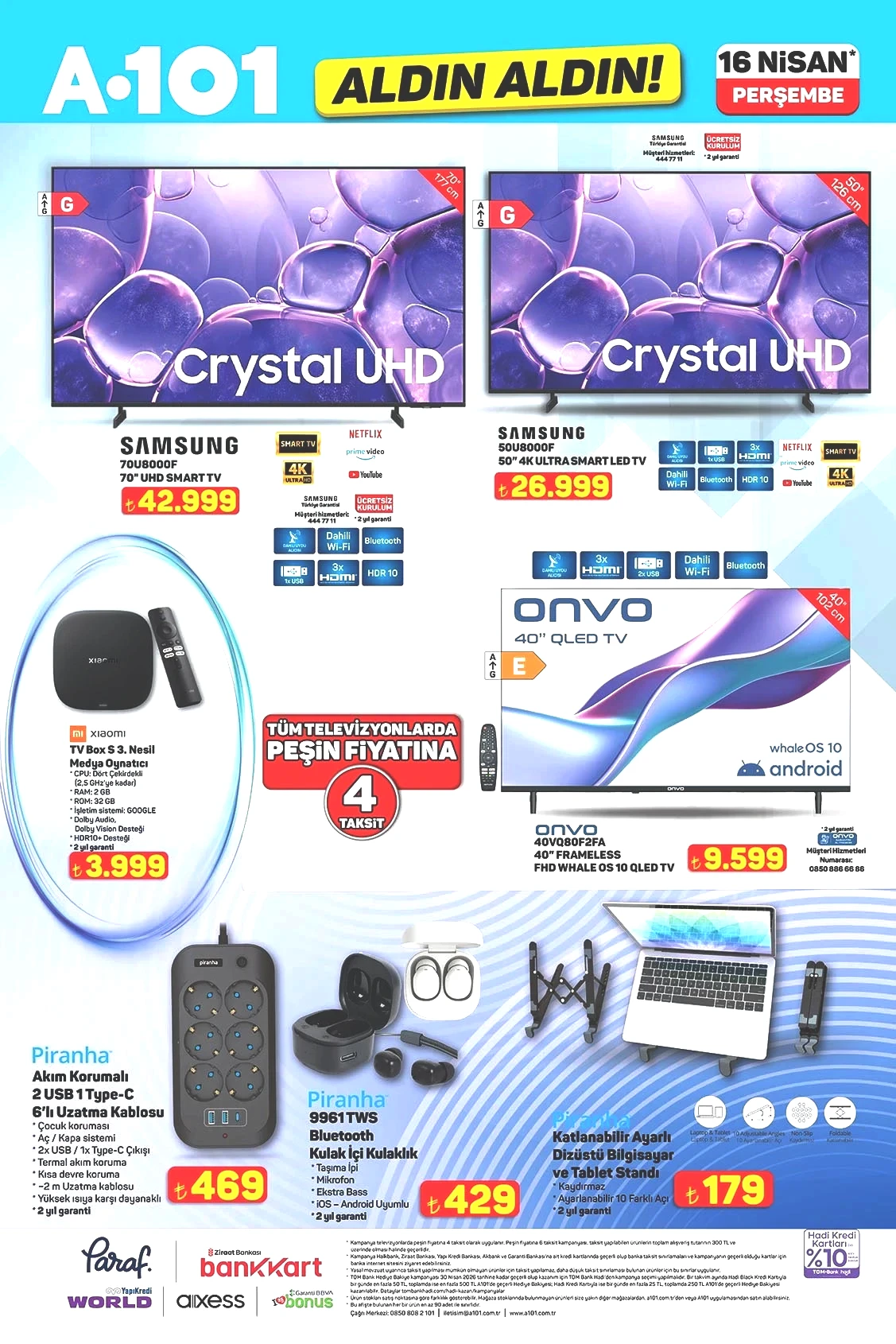 A101 16 Nisan 2026 kataloğunda Samsung 50 inç 4K TV ve Xiaomi TV Box fırsatları