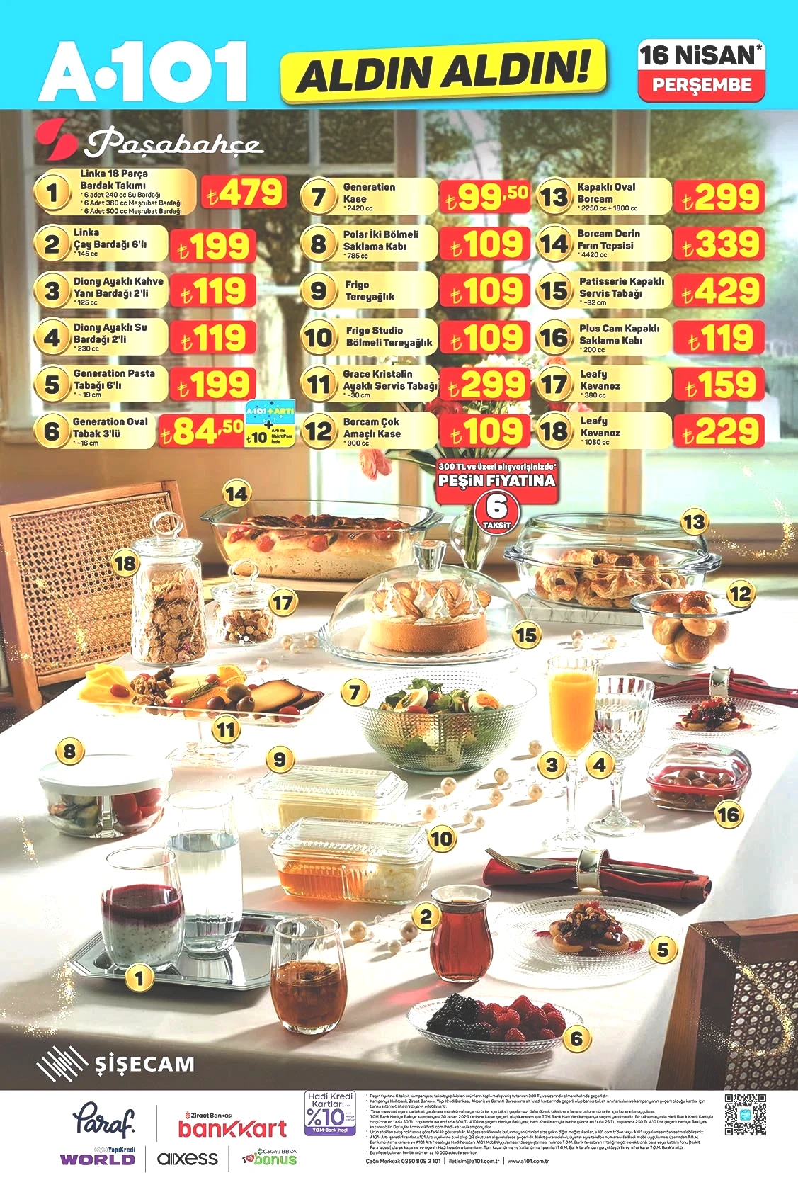 Paşabahçe 18 parça bardak takımı ve Borcam setleri A101 16 Nisan 2026 sofrası